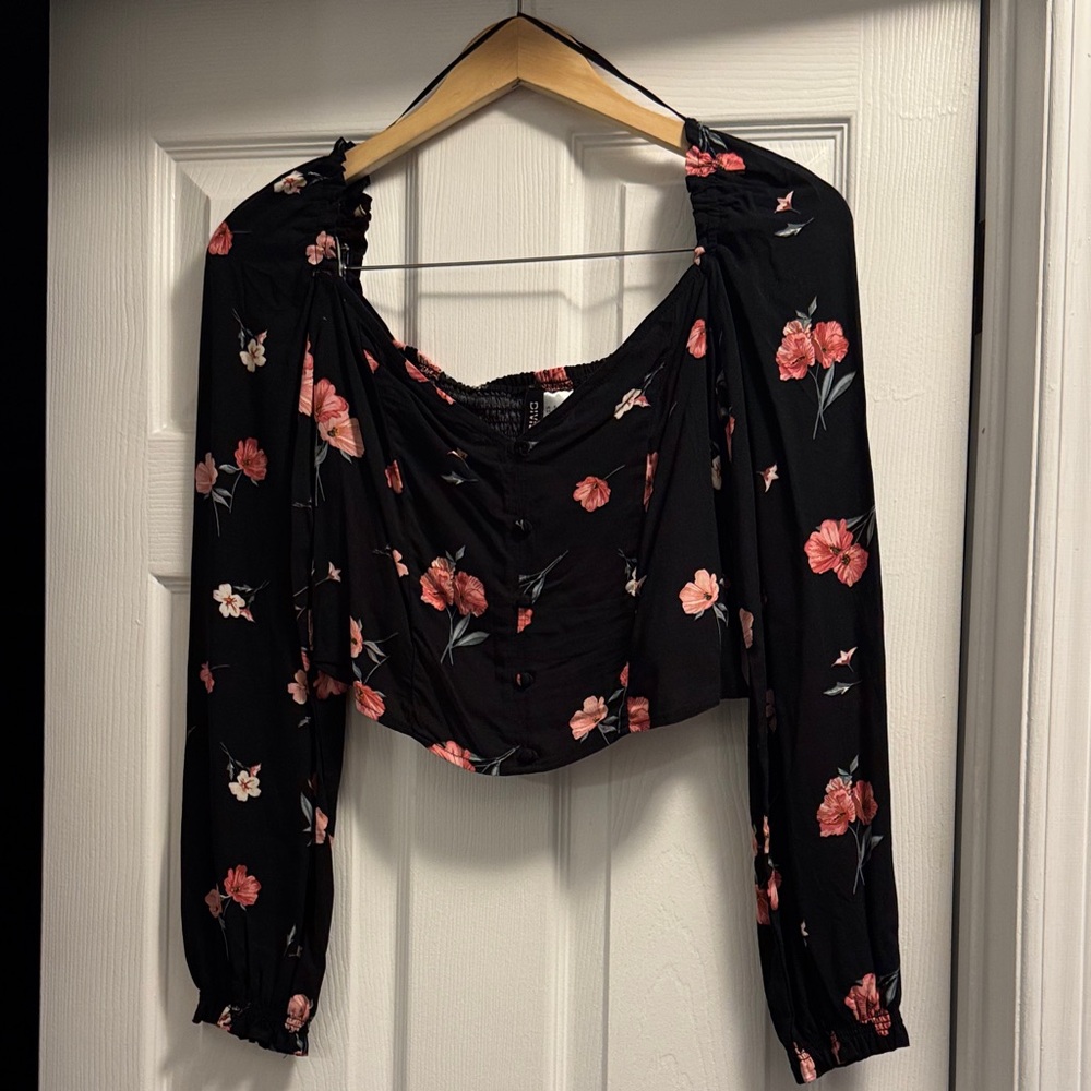 H&M Black Blouse with Pink Floral Pattern